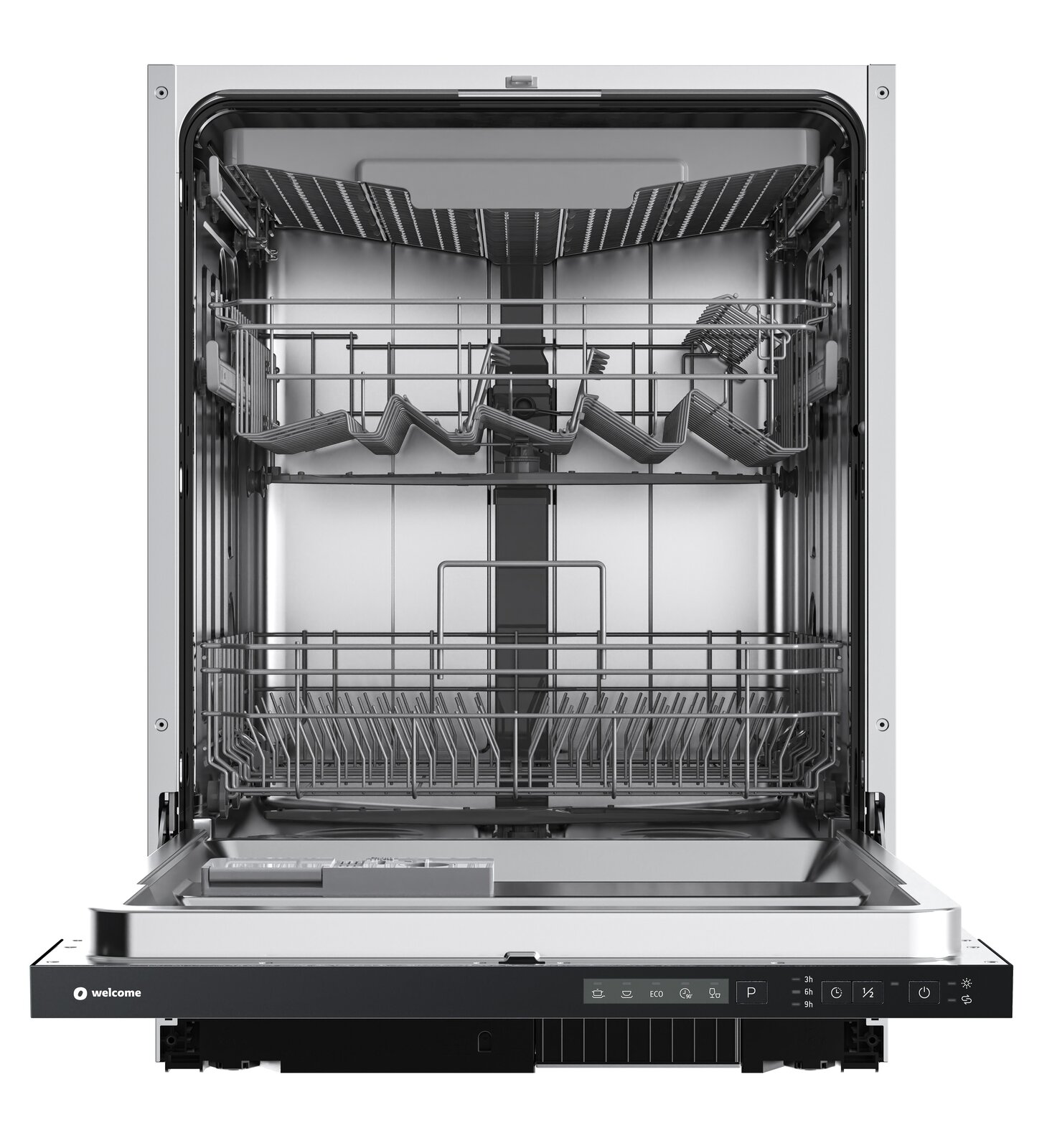 Offene Geschirrspülmaschine von vorne mit sichtbaren Körben und Bedienelementen