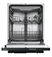 Offene Geschirrspülmaschine von vorne mit sichtbaren Körben und Bedienelementen