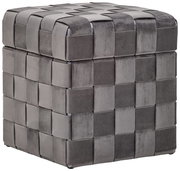 Grauer Hocker mit Stauraum, aus geflochtenem Stoff, perspektivisch von vorne links fotografiert.