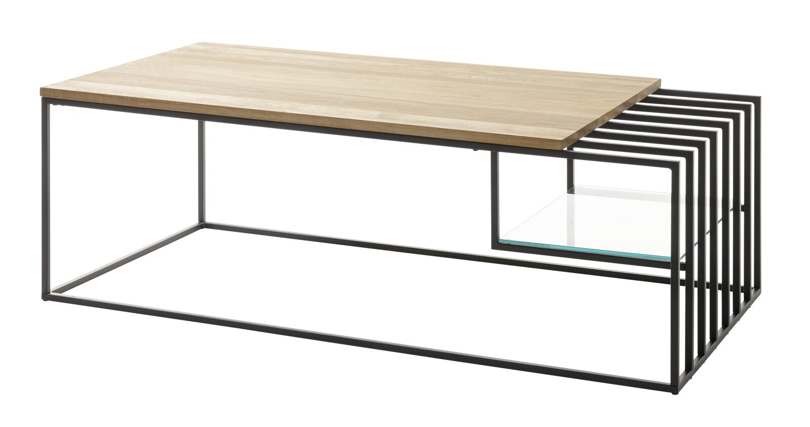 Moderner Couchtisch mit Holzplatte und Metallgestell, seitliche Perspektive