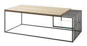 Moderner Couchtisch mit Holzplatte und Metallgestell, seitliche Perspektive