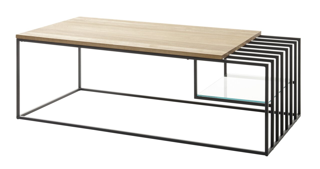 Moderner Couchtisch mit Holzplatte und Metallgestell, seitliche Perspektive
