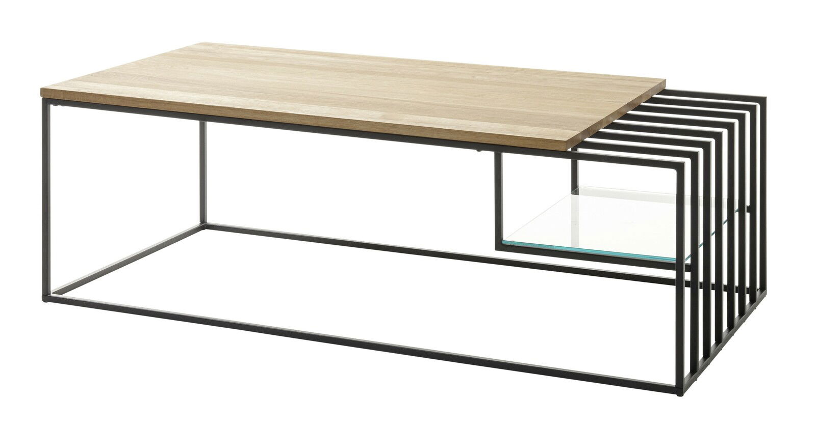 Moderner Couchtisch mit Holzplatte und Metallgestell, seitliche Perspektive