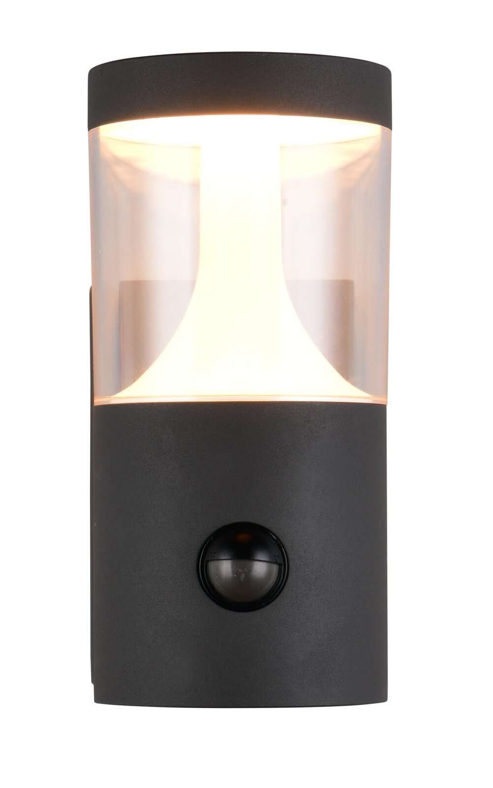 Moderne LED-buitenwandlamp in een zwarte behuizing met ingebouwde bewegingsmelder, afgebeeld van voren.