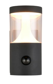 Moderne LED-Außenwandleuchte in schwarzem Gehäuse mit integriertem Bewegungsmelder, frontal abgebildet.