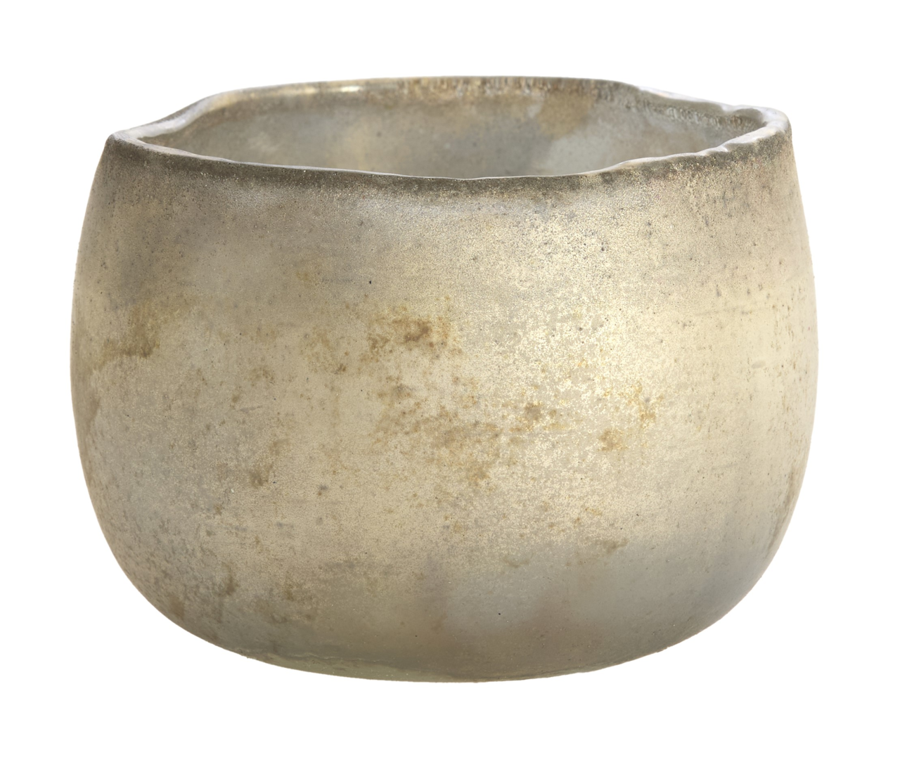 Nahaufnahme eines runden, goldfarbenen Teelichthalters mit glatter Oberfläche.