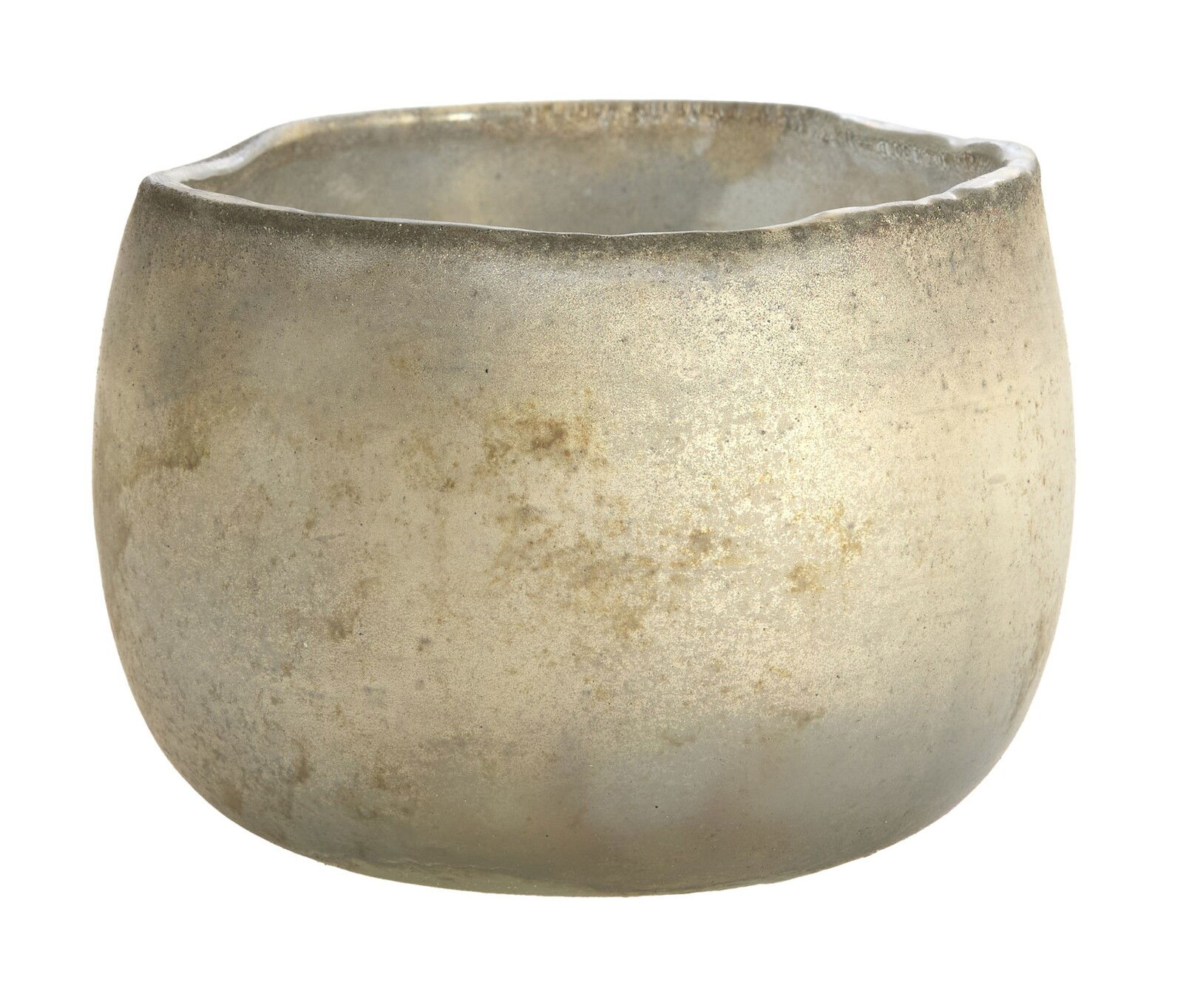 Nahaufnahme eines runden, goldfarbenen Teelichthalters mit glatter Oberfläche.