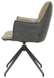 Seitenansicht eines modernen Sessels mit grauem Stoffbezug und olivgrünen Polstern auf einem schwarzen Metallgestell.