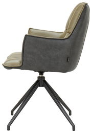 Seitenansicht eines modernen Sessels mit grauem Stoffbezug und olivgrünen Polstern auf einem schwarzen Metallgestell.