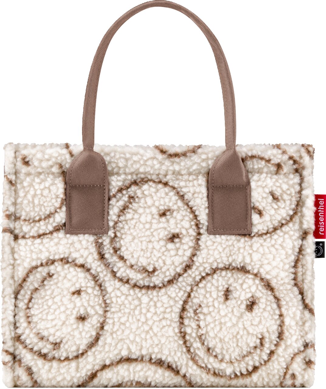 Vorderansicht einer flauschigen Shopper-Tasche aus Teddyplüsch in Creme mit braunem Kreis-Muster, zwei braunen Tragehenkeln und seitlichem reisenthel-Label, freigestellt auf weißem Hintergrund