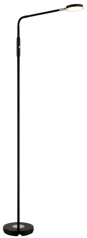 Schwarze LED-Stehleuchte mit flexiblem Arm und rundem Lampenkopf, seitliche Perspektive