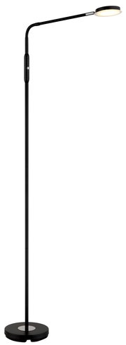 Schwarze LED-Stehleuchte mit flexiblem Arm und rundem Lampenkopf, seitliche Perspektive