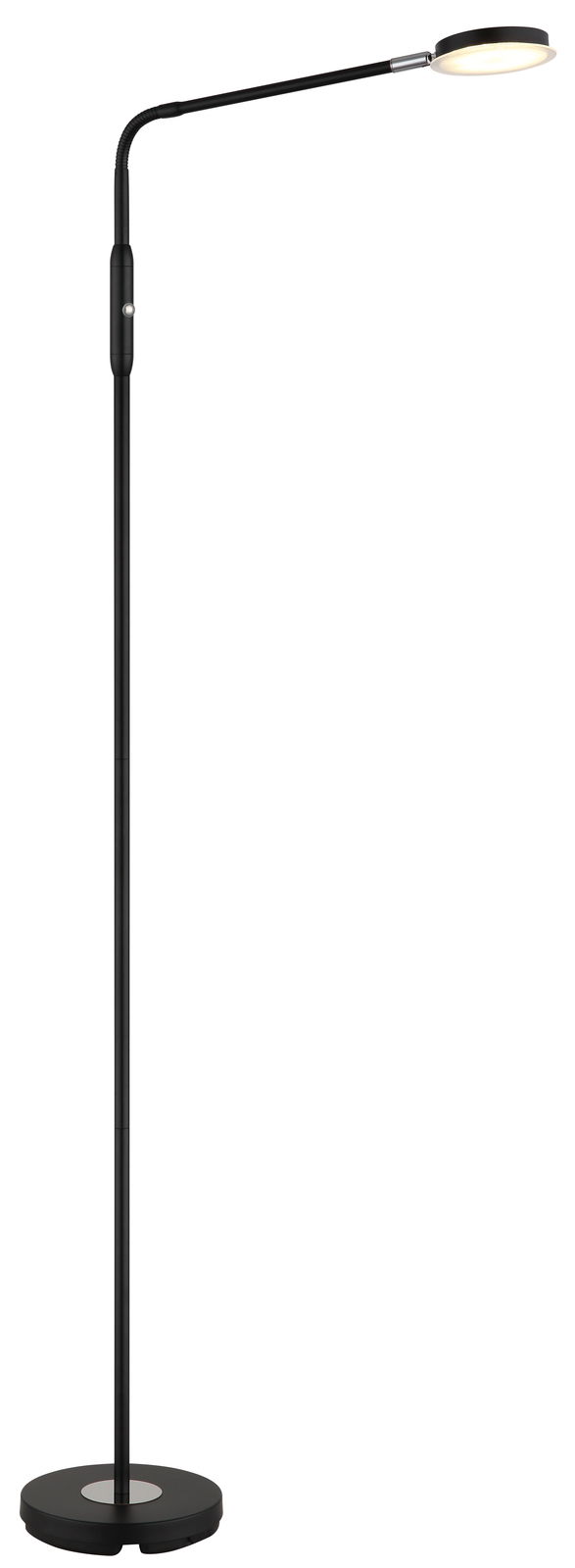 Schwarze LED-Stehleuchte mit flexiblem Arm und rundem Lampenkopf, seitliche Perspektive