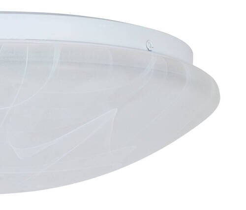 Close-up van een ronde led-plafondlamp met wit, licht gepatenteerd glas en een strak ontwerp.