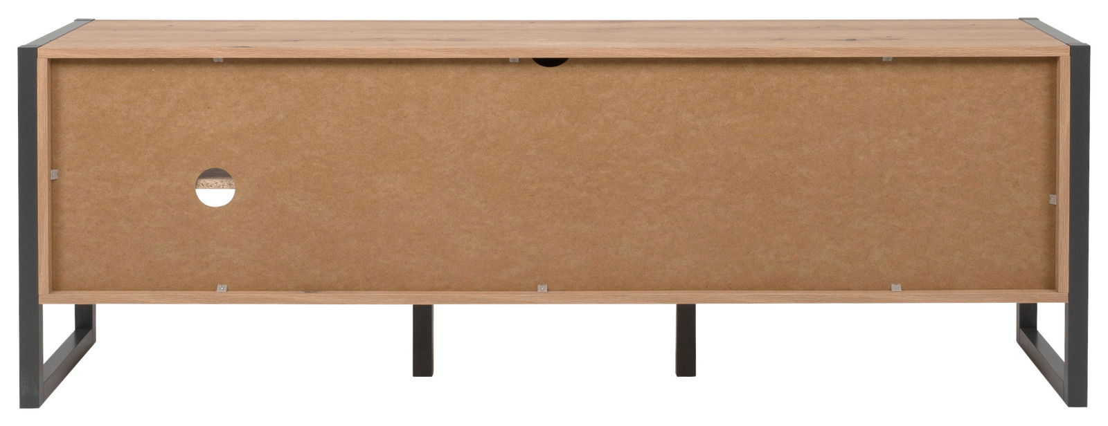 Rückansicht eines TV-Lowboards mit Holzoptik und Metallrahmen.