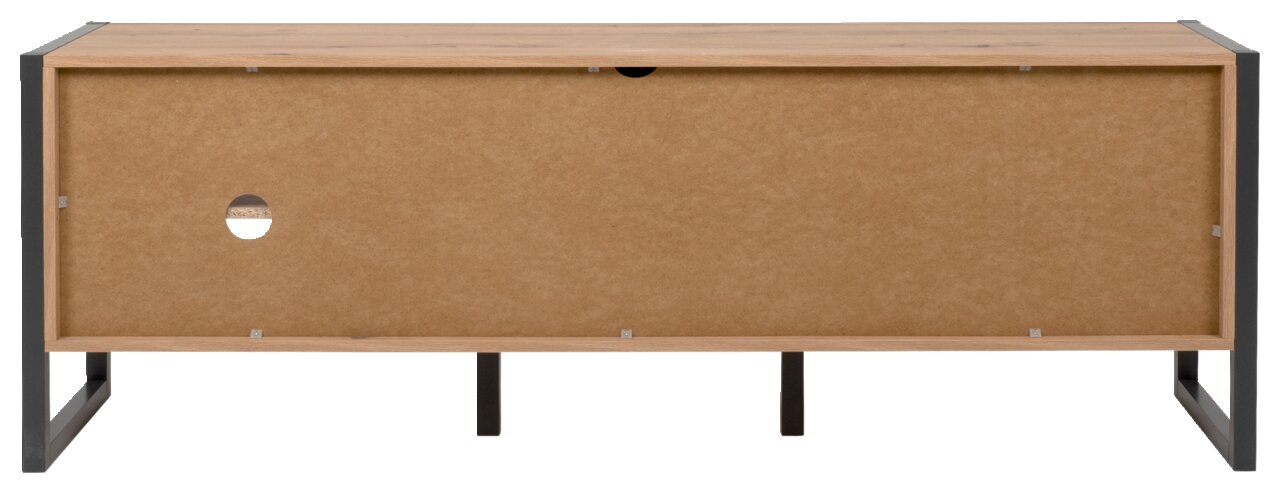 Rückansicht eines TV-Lowboards mit Holzoptik und Metallrahmen.