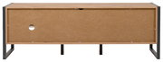 Rückansicht eines TV-Lowboards mit Holzoptik und Metallrahmen.