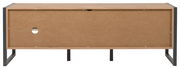 Rückansicht eines TV-Lowboards mit Holzoptik und Metallrahmen.