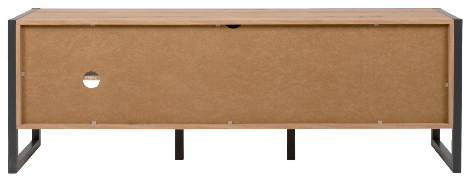 Achterkant van een tv-lowboard met houtlook en metalen frame.