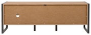 Achterkant van een tv-lowboard met houtlook en metalen frame.