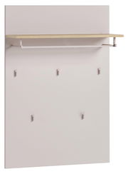 Breites Garderobenpaneel mit mehreren Haken und einem oberen Regalbrett, seitliche Perspektive