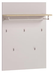 Breites Garderobenpaneel mit mehreren Haken und einem oberen Regalbrett, seitliche Perspektive