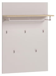 Breites Garderobenpaneel mit mehreren Haken und einem oberen Regalbrett, seitliche Perspektive