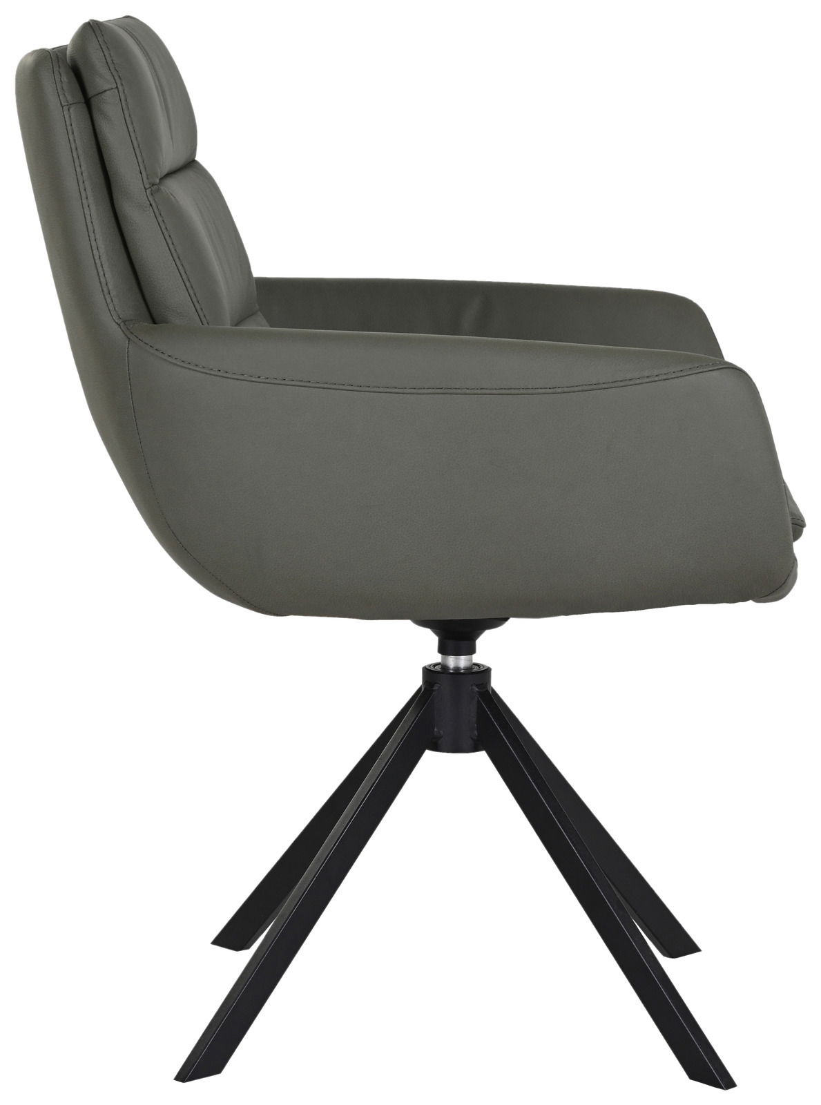 Moderner Sessel in Seitenansicht mit schwarzem Metallgestell und olivgrünem Polster.