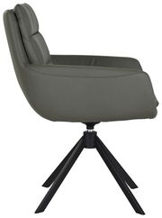 Moderner Sessel in Seitenansicht mit schwarzem Metallgestell und olivgrünem Polster.