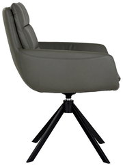 Moderner Sessel in Seitenansicht mit schwarzem Metallgestell und olivgrünem Polster.