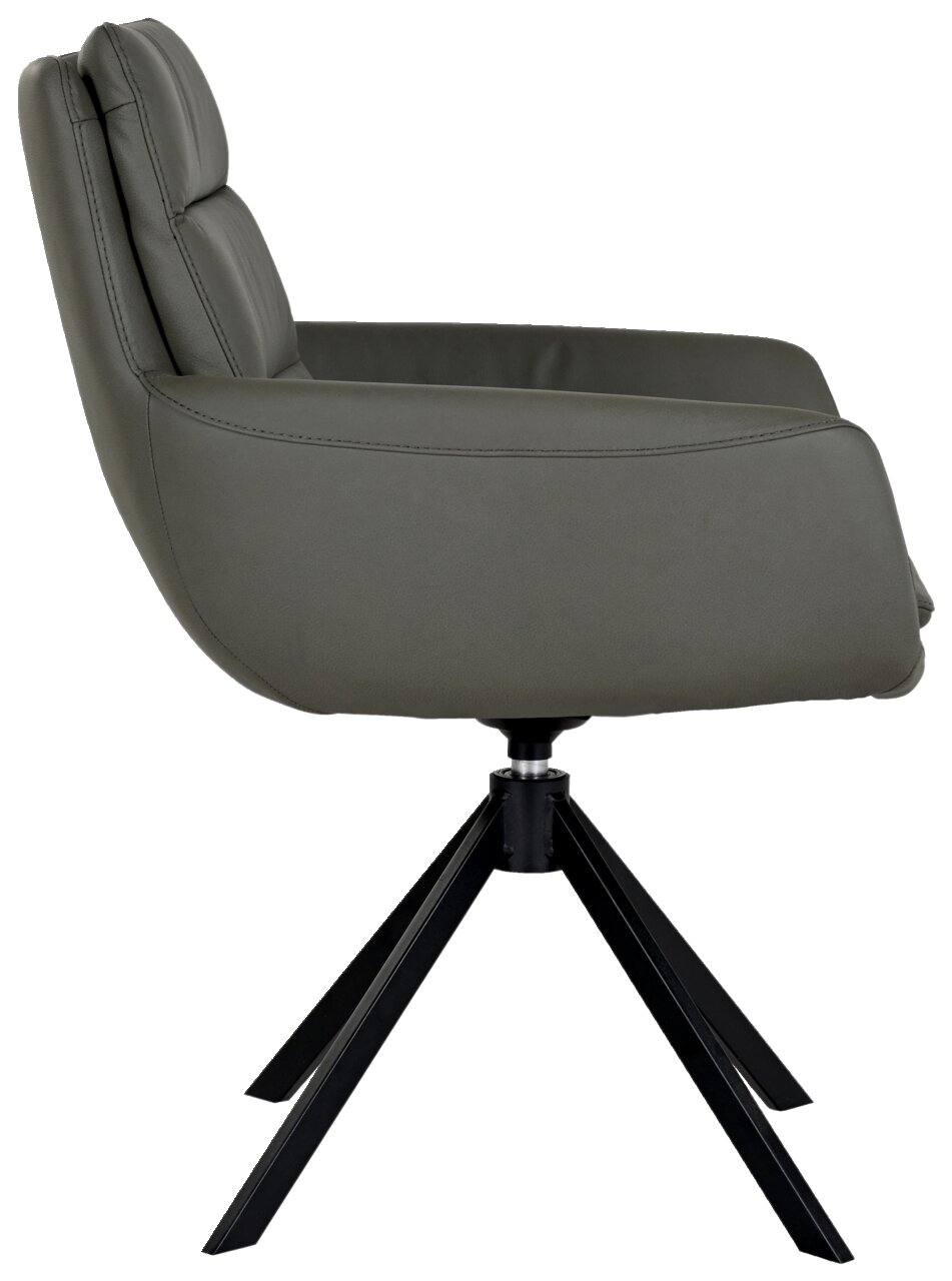 Moderner Sessel in Seitenansicht mit schwarzem Metallgestell und olivgrünem Polster.