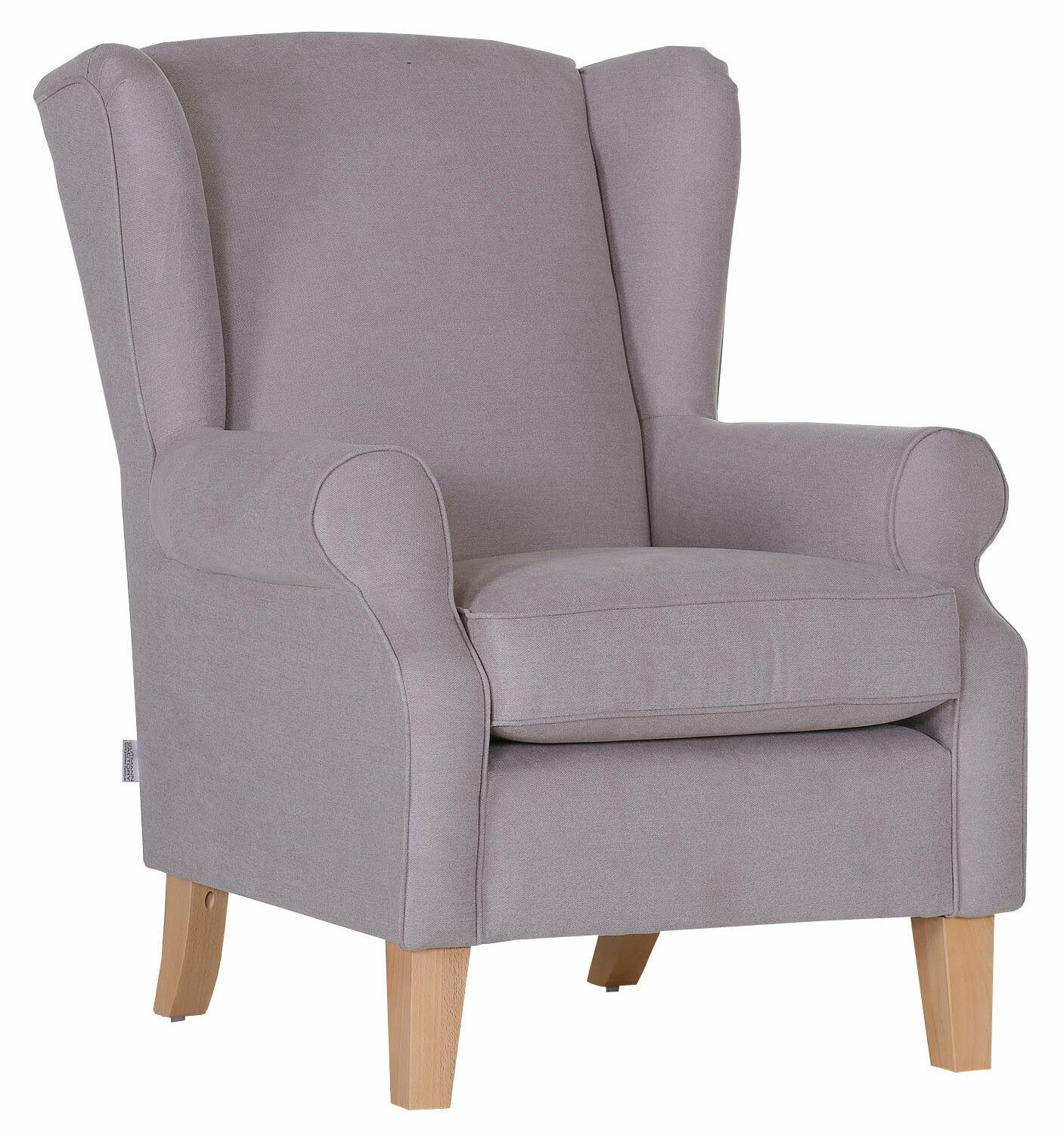 Grauer Ohrensessel mit Holzbeinen, seitliche Perspektive