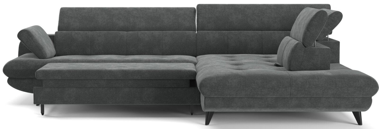 Dunkelgraues, modernes Ecksofa mit rechter Ottomane/Longchair, verstellbaren Kopfstützen und schwarzen Füßen, freigestellt auf weißem Hintergrund, Frontansicht.