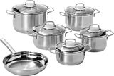 Sechsteiliges Topfset aus Edelstahl mit Glasdeckeln, bestehend aus fünf Töpfen und einer Pfanne, in einer leicht erhöhten Perspektive.