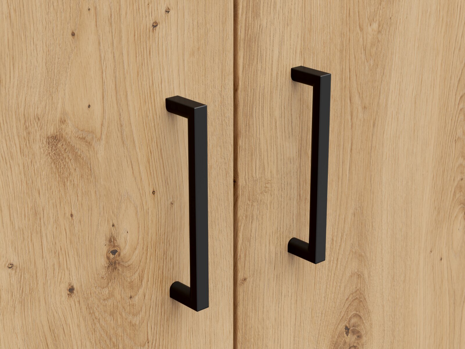 Close-up van twee zwarte handgrepen op een houten deur van een multifunctionele kast, gezien van voren.
