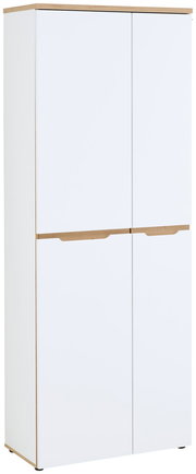 Moderner weißer Aktenschrank mit Holzdetails, frontal abgebildet