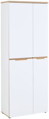 Moderner weißer Aktenschrank mit Holzdetails, frontal abgebildet