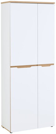 Moderner weißer Aktenschrank mit Holzdetails, frontal abgebildet