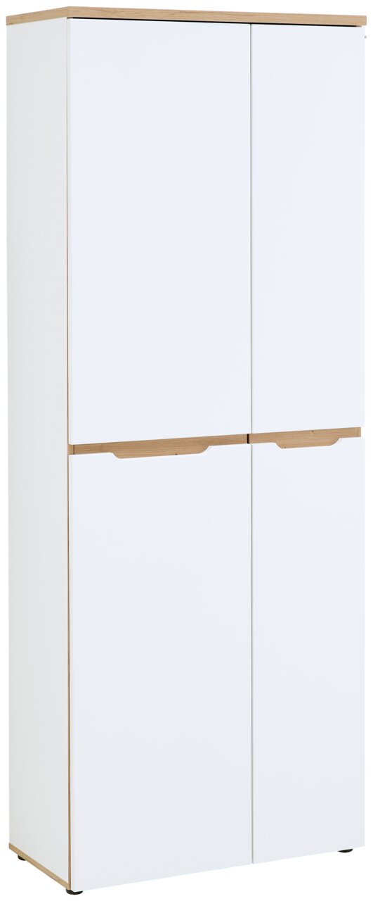 Moderner weißer Aktenschrank mit Holzdetails, frontal abgebildet