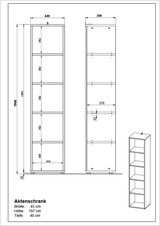 Technische Zeichnung eines hohen, schmalen Aktenregals mit fünf Fächern, Vorder- und Seitenansicht, Maße: Breite 45 cm, Höhe 197 cm, Tiefe 40 cm.