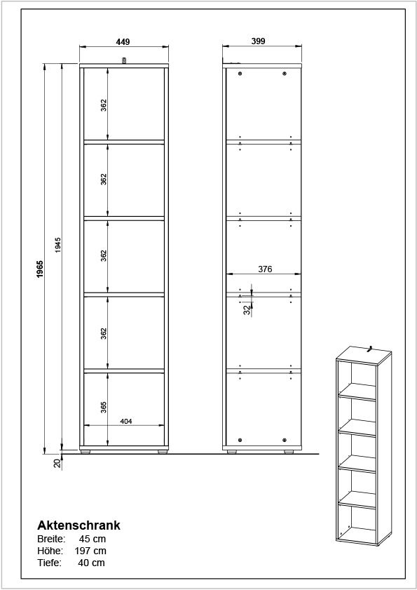 Technische Zeichnung eines hohen, schmalen Aktenregals mit fünf Fächern, Vorder- und Seitenansicht, Maße: Breite 45 cm, Höhe 197 cm, Tiefe 40 cm.