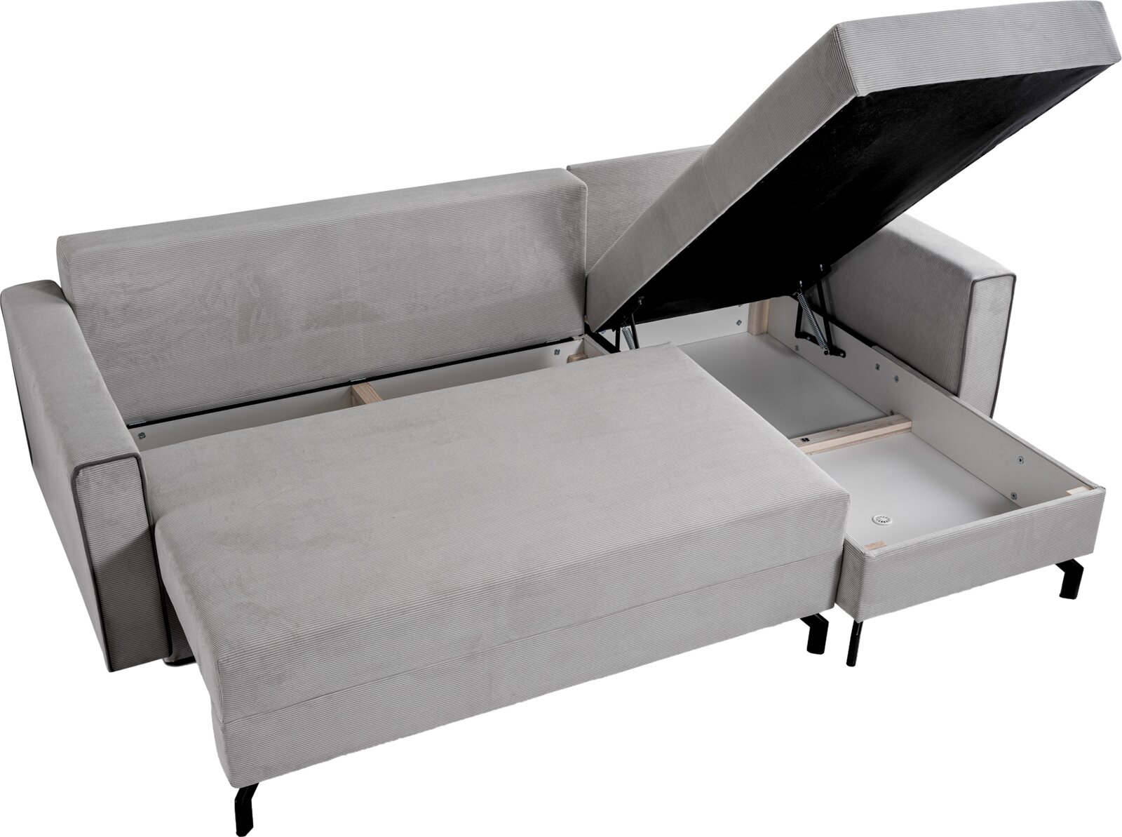Graues Schlafsofa in L-Form mit Stauraum, Ansicht von oben rechts