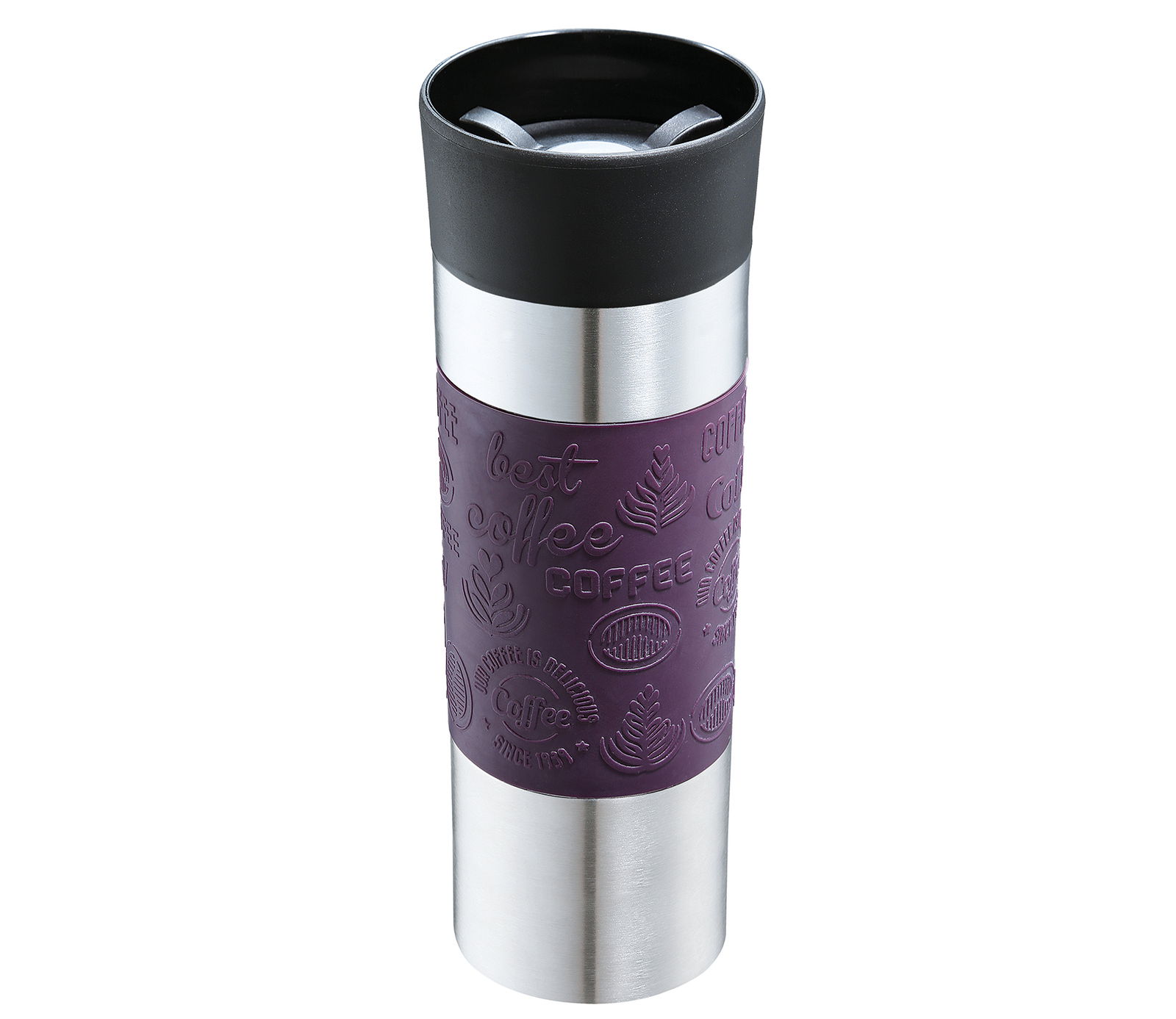 Lila Isoliertrinkbecher 500ml mit schwarzem Deckel und Edelstahlakzenten, seitliche Ansicht