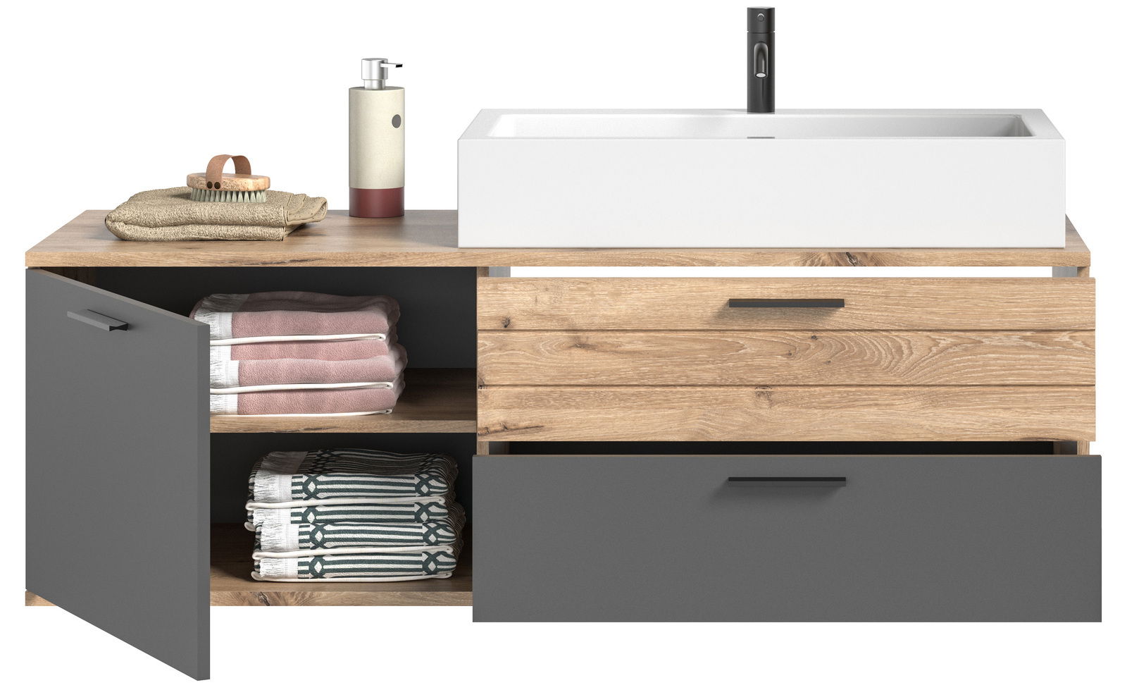 Moderner Waschtisch mit Holz- und Grautönen, offene Schubladen und Türen, gefüllt mit Handtüchern, aus frontaler Perspektive.