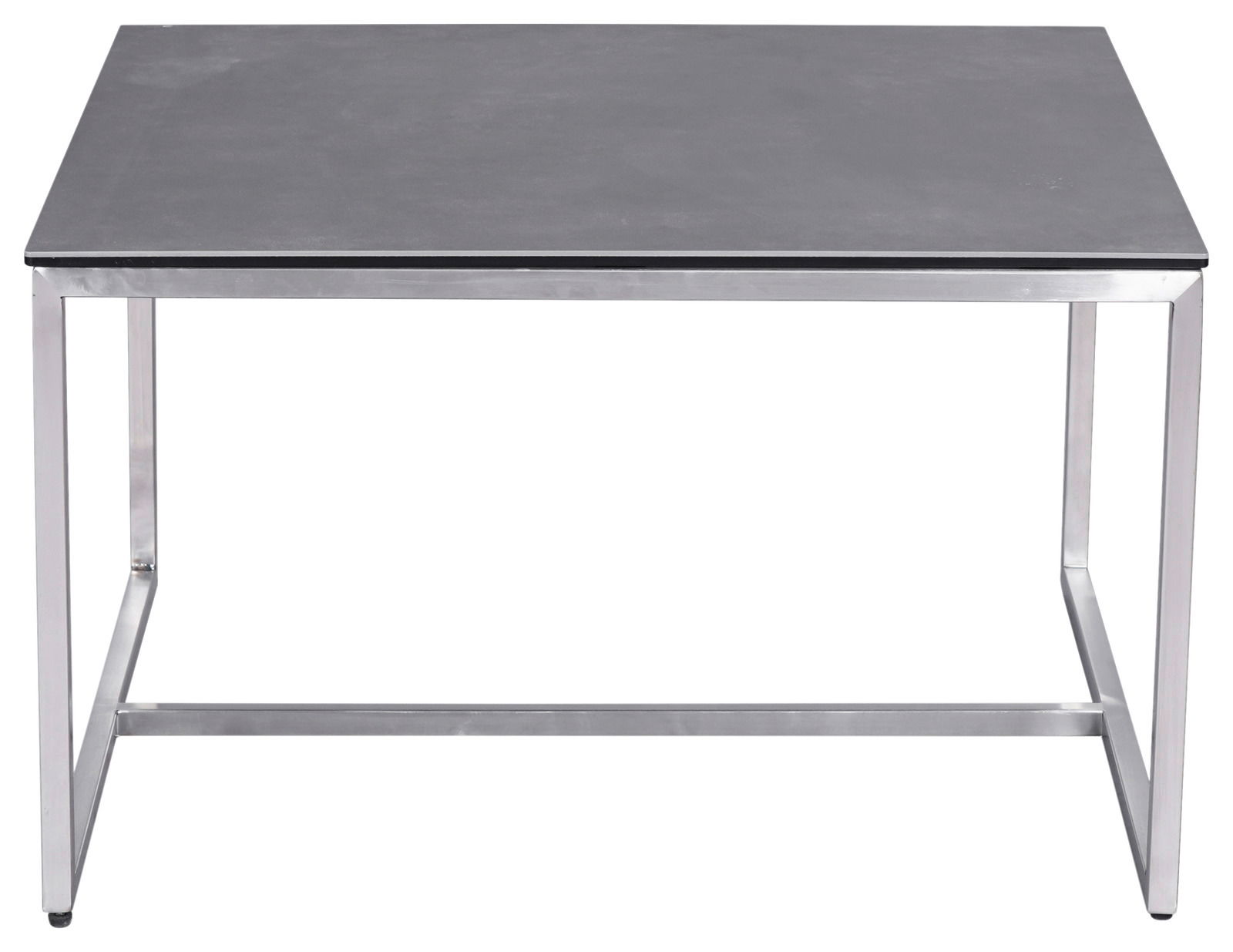 Moderner Beistelltisch mit rechteckiger, dunkler Tischplatte und silbernem Metallgestell, Frontalansicht.