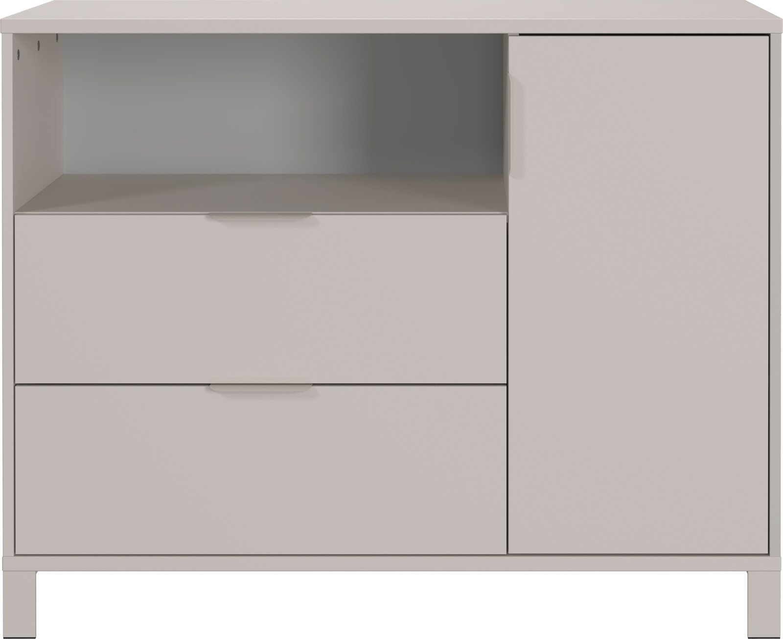 Breite Kommode in hellem Holzdesign mit zwei Schubladen, einem offenen Fach und einer Tür, frontal betrachtet.