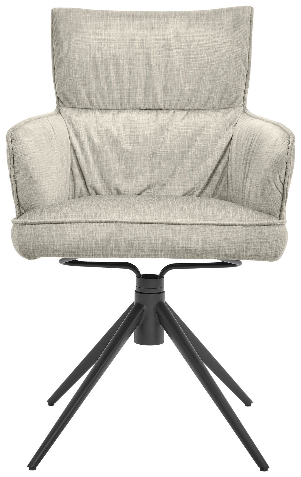 Frontansicht eines modernen Armlehnstuhls mit hellgrauem Stoffbezug und schwarzem Metallgestell.