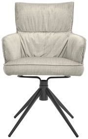 Frontansicht eines modernen Armlehnstuhls mit hellgrauem Stoffbezug und schwarzem Metallgestell.