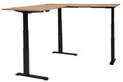 Moderner höhenverstellbarer Eckschreibtisch mit schwarzem Gestell und Holzfurnierplatte, seitliche Perspektive