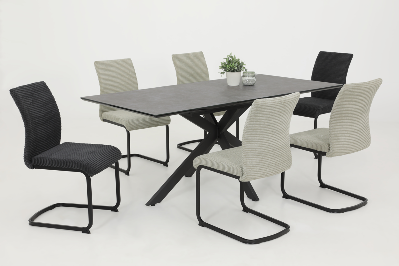 Z2 Schwingstuhl FABIA Esszimmer mit modernem Tisch und sechs Schwingstühlen in verschiedenen Farben, seitliche Perspektive